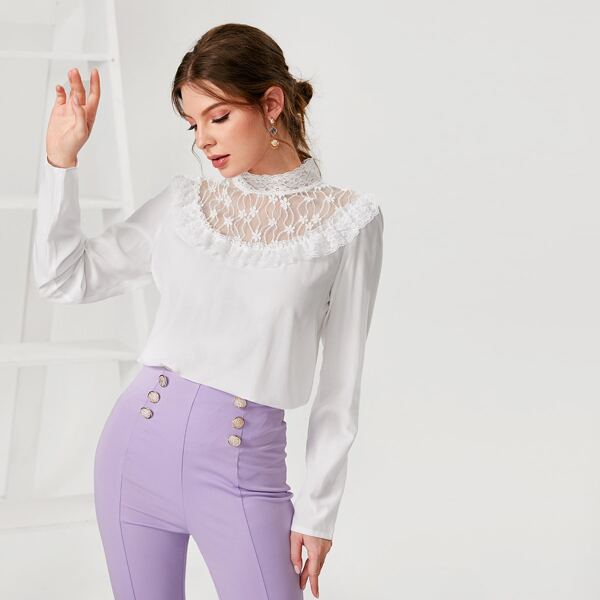 

Lace Panel Mock Neck Solid Blouse, White