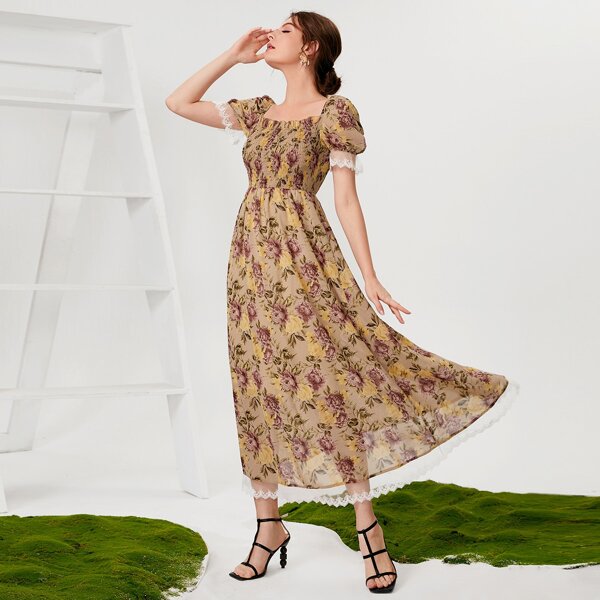 

Allover Floral Square Neck Shirred Dress, Multicolor