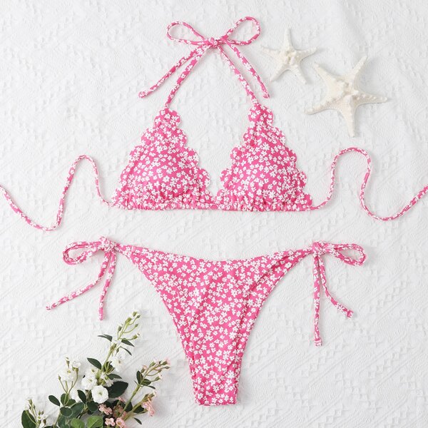 

Ditsy Floral Scallop Trim Triangle Bikini Swimsuit, Pink