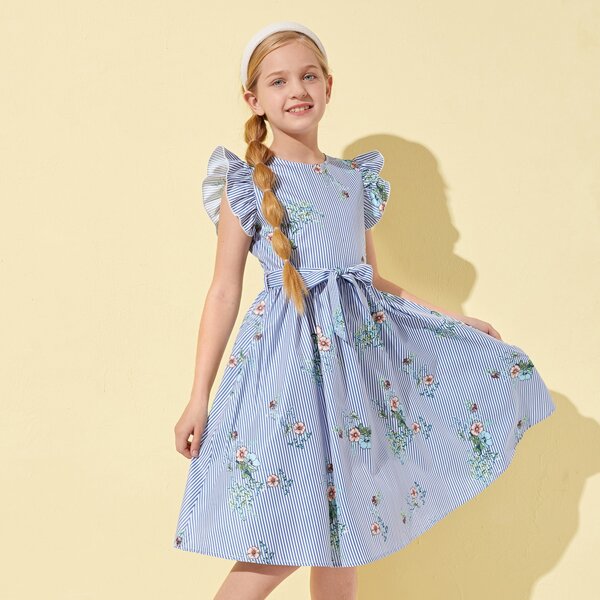 

Girls Ruffle Trim Self Belted Floral and Striped Dress, Multicolor