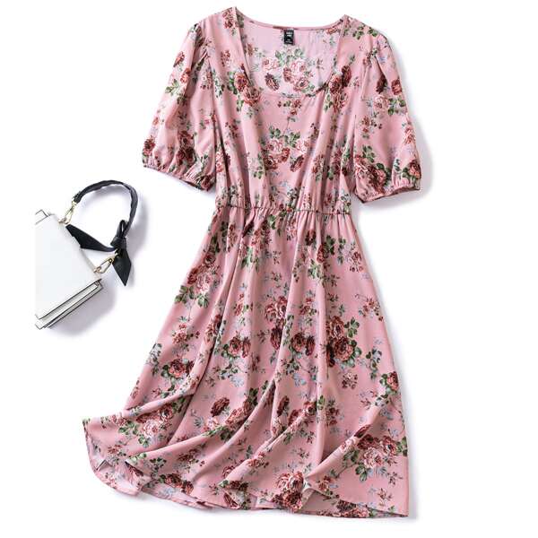 

Plus Allover Floral Print A-line Dress, Dusty pink