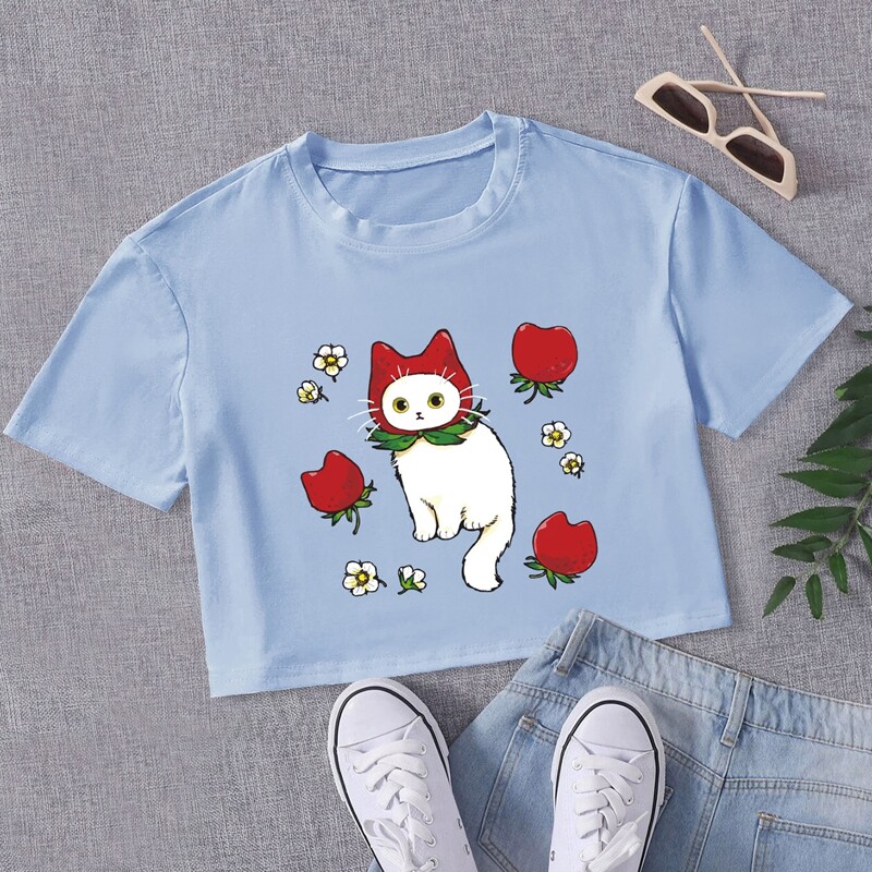 

Strawberry & Cat Graphic Tee, Baby blue