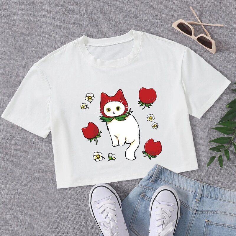 

Strawberry & Cat Graphic Tee, White