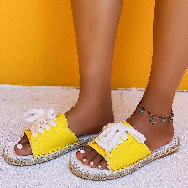 

Lace-up Decor Espadrille Slide Sandals, Yellow