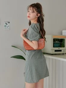 DAZY Plaid Ruched Bust Puff Sleeve Dress - Multicolor - View 2