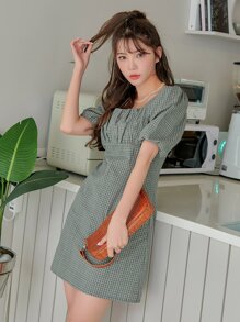 DAZY Plaid Ruched Bust Puff Sleeve Dress - Multicolor - View 3