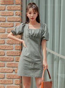 DAZY Plaid Ruched Bust Puff Sleeve Dress - Multicolor - View 4