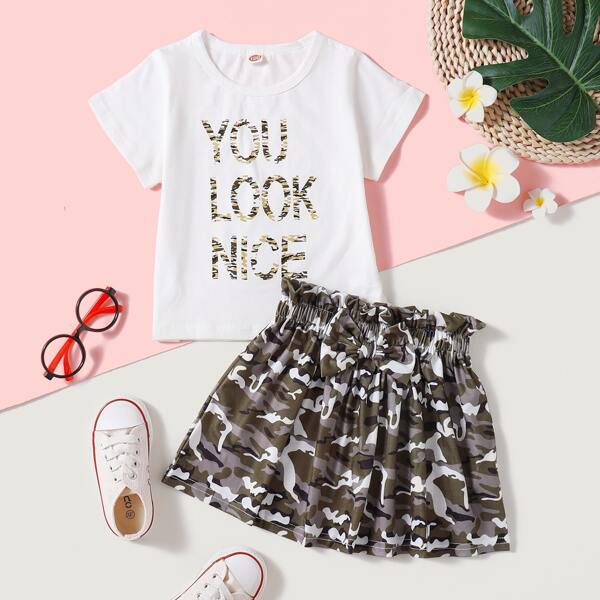 

Toddler Girls Slogan Graphic Tee With Camo Bow Front Skirt, Multicolor