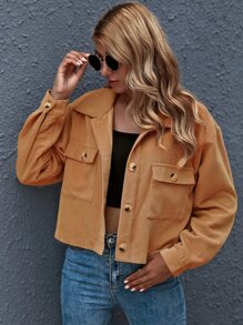 SHEIN Essnce Chamarra corta con bolsillo con botón delantero - Camel - Ver 1