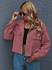 SHEIN Essnce Chamarra corta con bolsillo con botón delantero - Rosa vieja - Ver 1