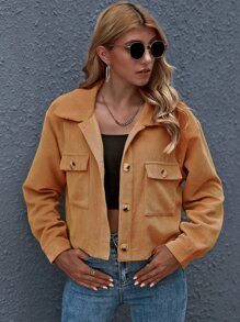 SHEIN Essnce Chamarra corta con bolsillo con botón delantero - Camel - Ver 3