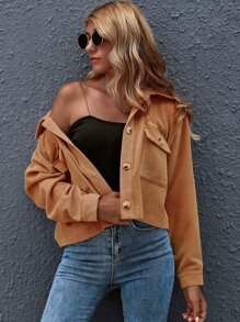 SHEIN Essnce Chamarra corta con bolsillo con botón delantero - Camel - Ver 4
