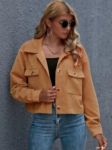 SHEIN Essnce Chamarra corta con bolsillo con botón delantero - Camel - Ver 5