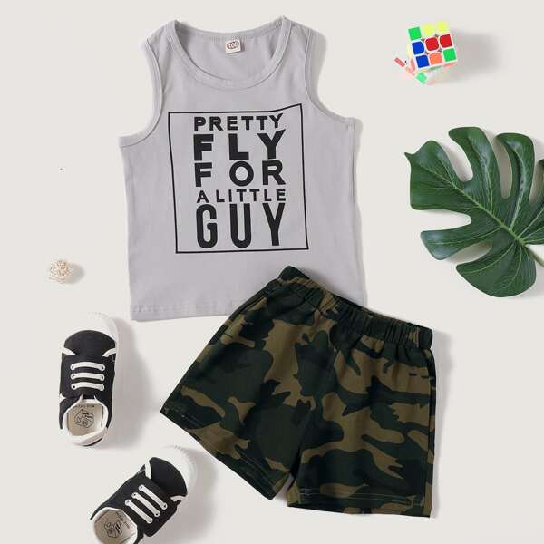 

Toddler Boys Slogan And Camo Print Tank Top & Shorts, Multicolor