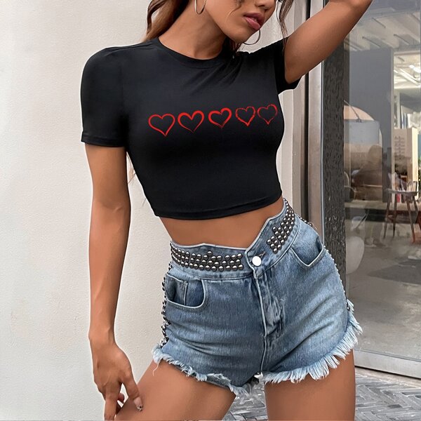 

Heart Print Crop Tee, Black