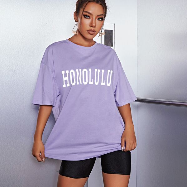 

Drop Shoulder Letter Graphic Oversized Longline Tee, Lilac purple