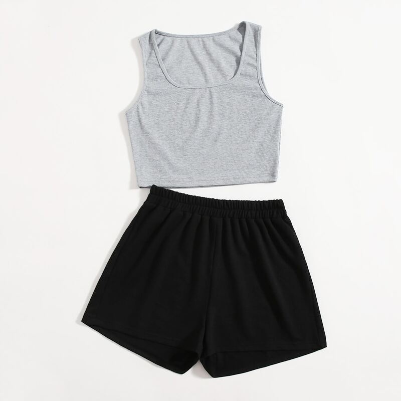 

Solid Ribbed Tank Top & Shorts, Multicolor