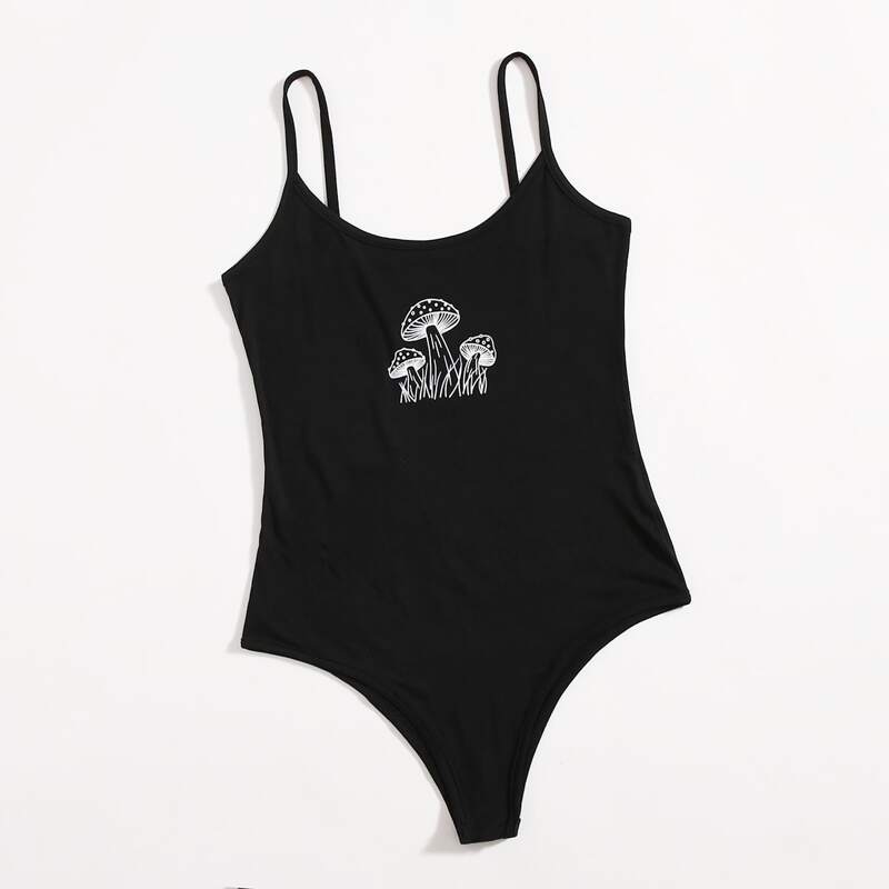 

Mushroom Graphic Cami Bodysuit, Black