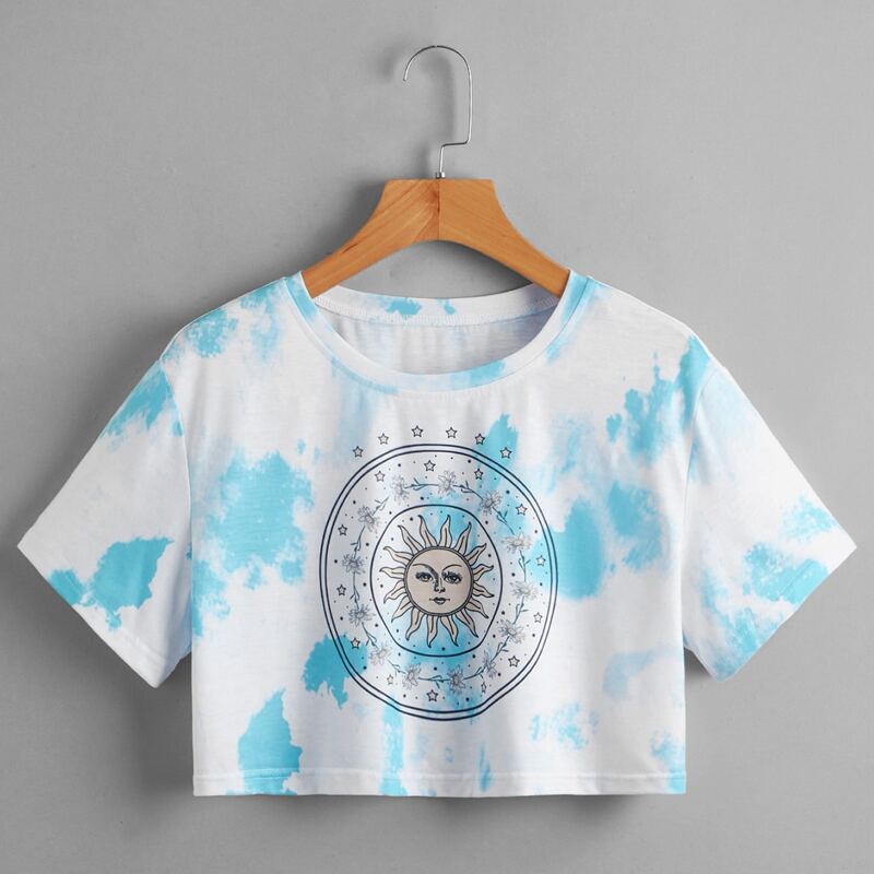 

Sun & Floral Graphic Tie Dye Crop Tee, Blue and white