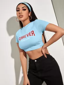 Letter Graphic Backless Crop Tee - Baby Blue - View 1