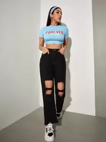 Letter Graphic Backless Crop Tee - Baby Blue - View 4