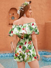 SHEIN Mono con estampado tropical de hombros descubiertos - Multicolor - Ver 3