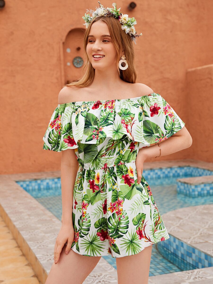 SHEIN Mono con estampado tropical de hombros descubiertos - Multicolor - Ver 1