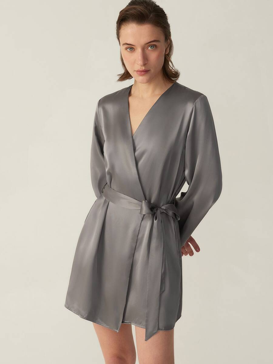 MOTF PREMIUM SILK BELTED GRADE 6A 22MM NIGHT ROBE - Grey - View 1