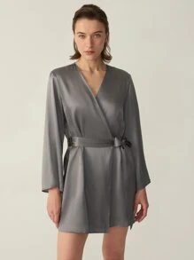 MOTF PREMIUM SILK BELTED GRADE 6A 22MM NIGHT ROBE - Grey - View 3