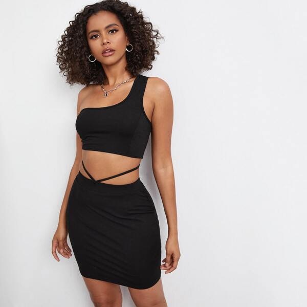 

One Shoulder Crop Top & Tie Back Bodycon Skirt Set, Black