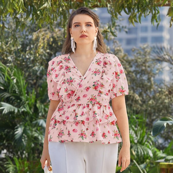 

Plus Surplice Front Allover Floral Peplum Blouse, Baby pink