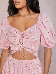 SHEIN Unity Áo liền quần Cắt ra Hoa Boho - Màu Hồng baby - Xem 3