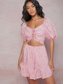 SHEIN Unity Áo liền quần Cắt ra Hoa Boho - Màu Hồng baby - Xem 4