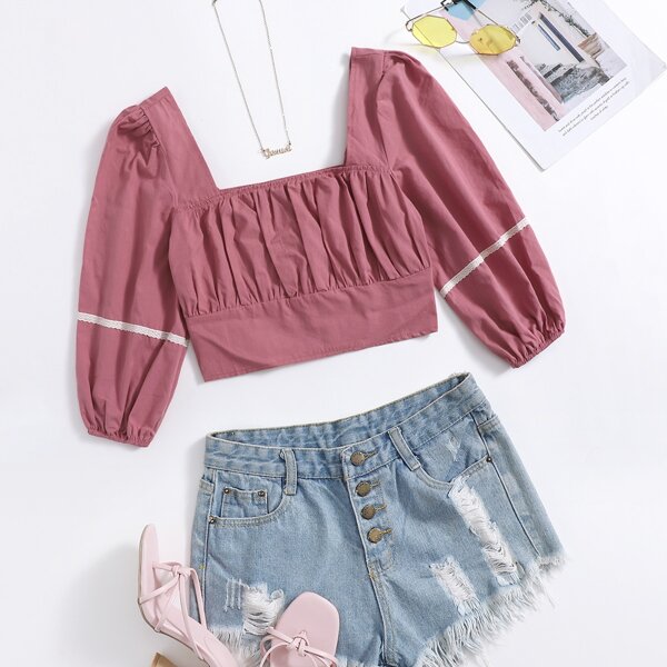 

Shirred Back Square Neck Crop Milkmaid Blouse, Dusty pink