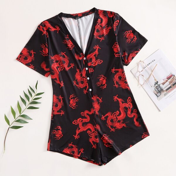 

Plus Chinese Dragon Sleep Romper, Black