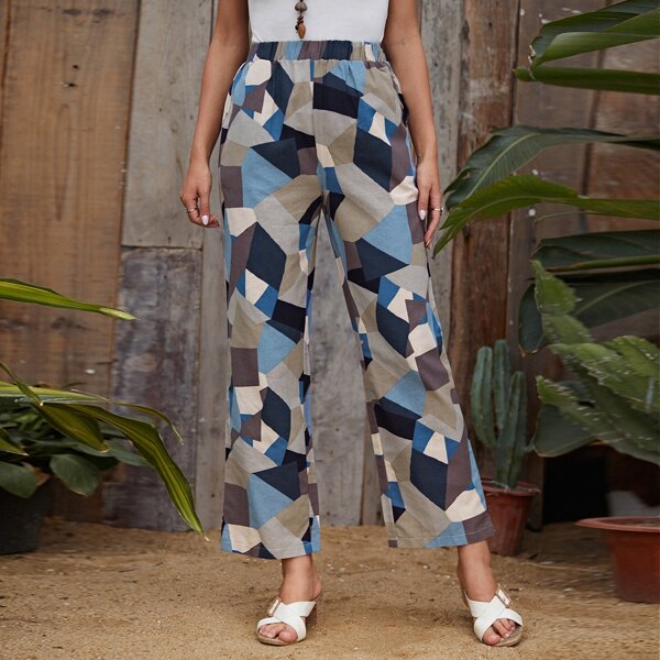 

Geo Print Elastic Waist Pants, Multicolor