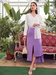 Mulvari V-neck Swiss Dot Top & Rhinestone Taped Asymmetrical Hem Skirt Set - Multicolor - View 1