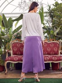 Mulvari V-neck Swiss Dot Top & Rhinestone Taped Asymmetrical Hem Skirt Set - Multicolor - View 2