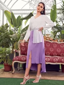 Mulvari V-neck Swiss Dot Top & Rhinestone Taped Asymmetrical Hem Skirt Set - Multicolor - View 3