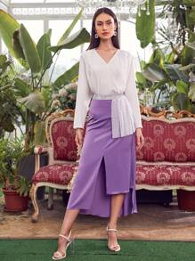 Mulvari V-neck Swiss Dot Top & Rhinestone Taped Asymmetrical Hem Skirt Set - Multicolor - View 4