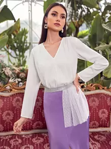 Mulvari V-neck Swiss Dot Top & Rhinestone Taped Asymmetrical Hem Skirt Set - Multicolor - View 5