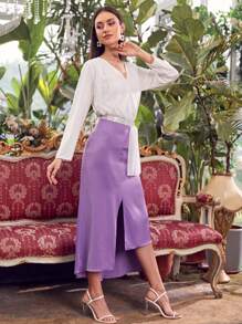 Mulvari V-neck Swiss Dot Top & Rhinestone Taped Asymmetrical Hem Skirt Set - Multicolor - View 6