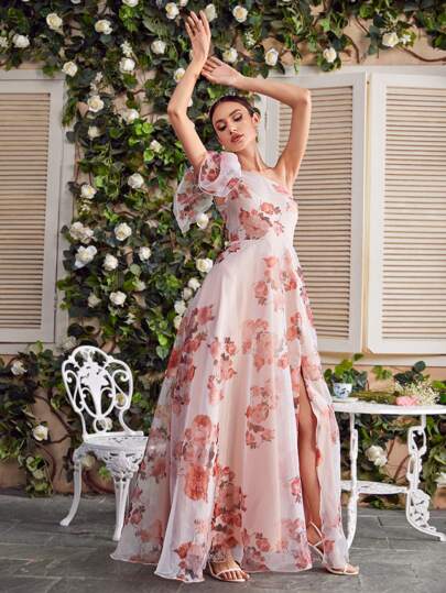 SHEIN Belle Vestido de dama de honor asimétrico con cuello anudado y estampado floral en un lado, elegante vestido formal para eventos, fiestas de graduación, cenas y bodas