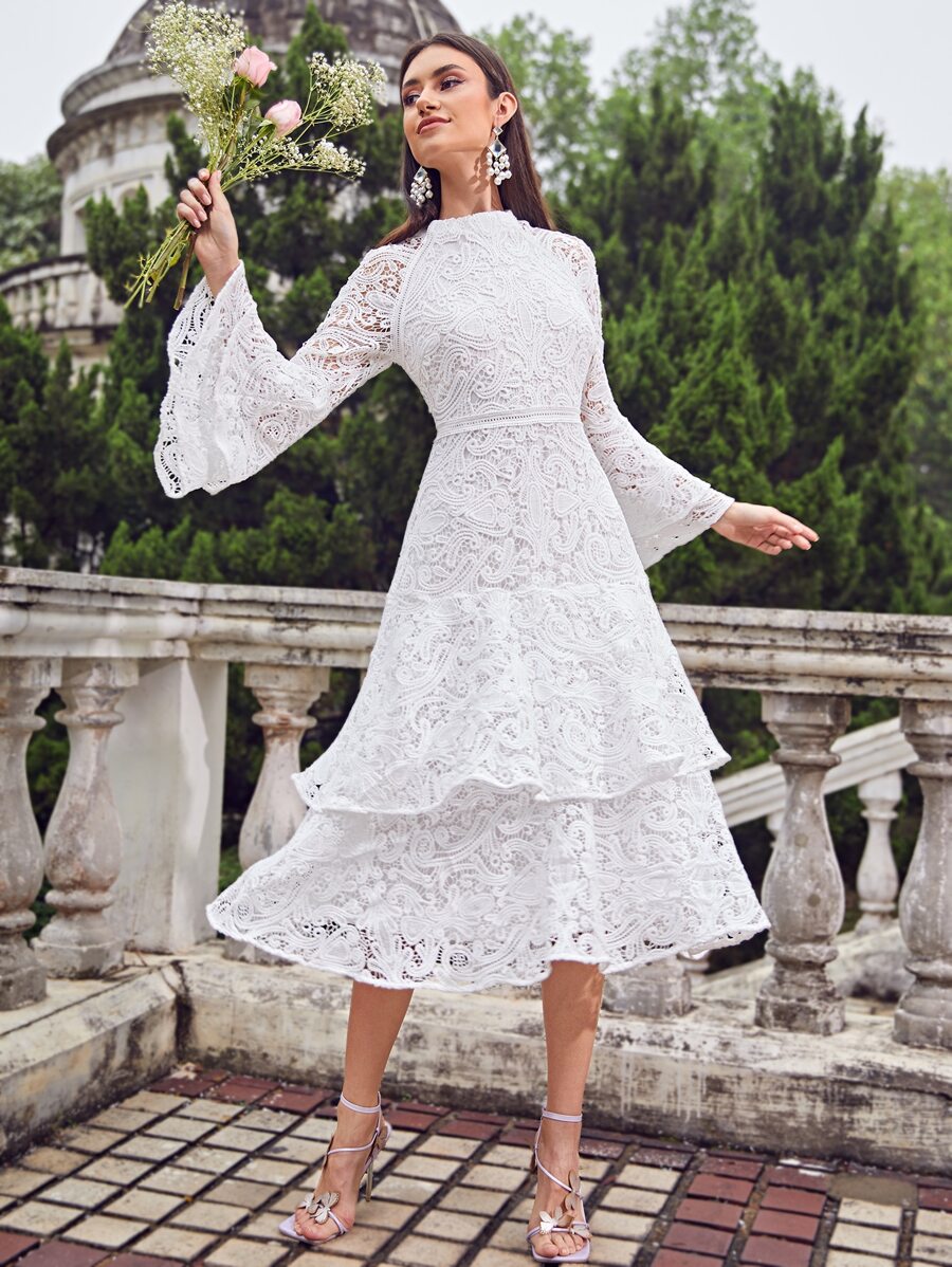 Modelyn 鐘形袖多層荷葉邊下擺緹花蕾絲連衣裙 - 白色 - 查看 1