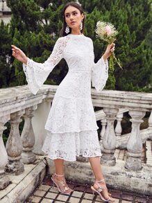 Modelyn 鐘形袖多層荷葉邊下擺緹花蕾絲連衣裙 - 白色 - 查看 3