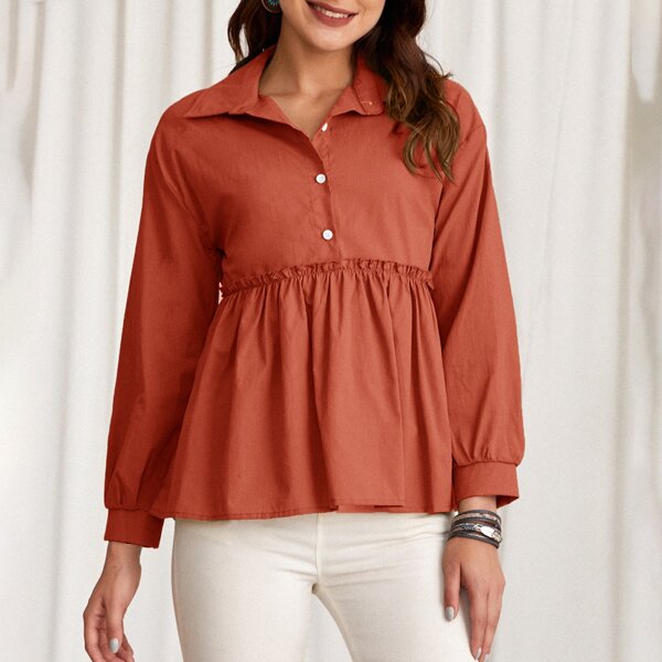 

Solid Button Through Drop Shoulder Babydoll Blouse, Burnt orange