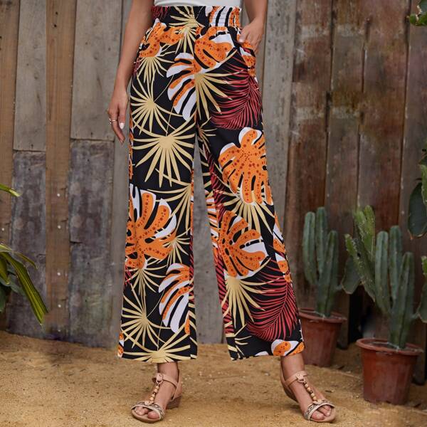

Tropical Print Wide Leg Pants, Multicolor