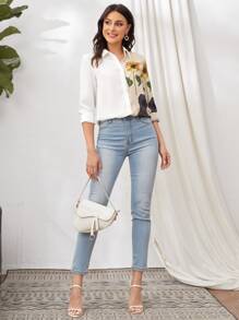 SHEIN Camisa con girasol & con estampado de figura - Beis - Ver 3