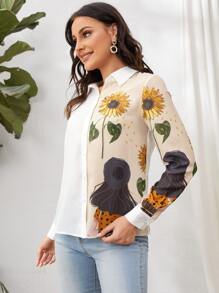 SHEIN Camisa con girasol & con estampado de figura - Beis - Ver 5