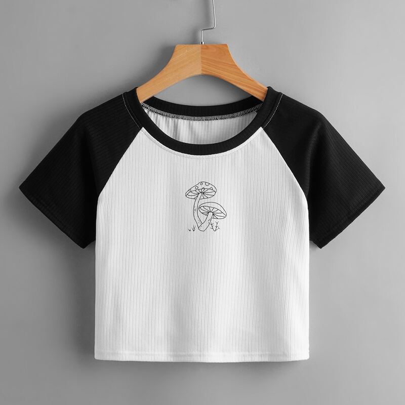 

Mushroom Graphic Colorblock Ribbed Tee, Black and white